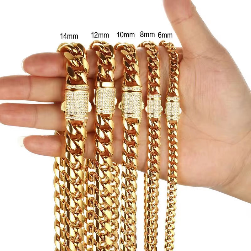 6-14Mm Stainless Steel round Cuban Miami Chains Necklaces CZ Zircon Box Lock Big Heavy Link Chain for Men Hip Hop Rapper Jewelry