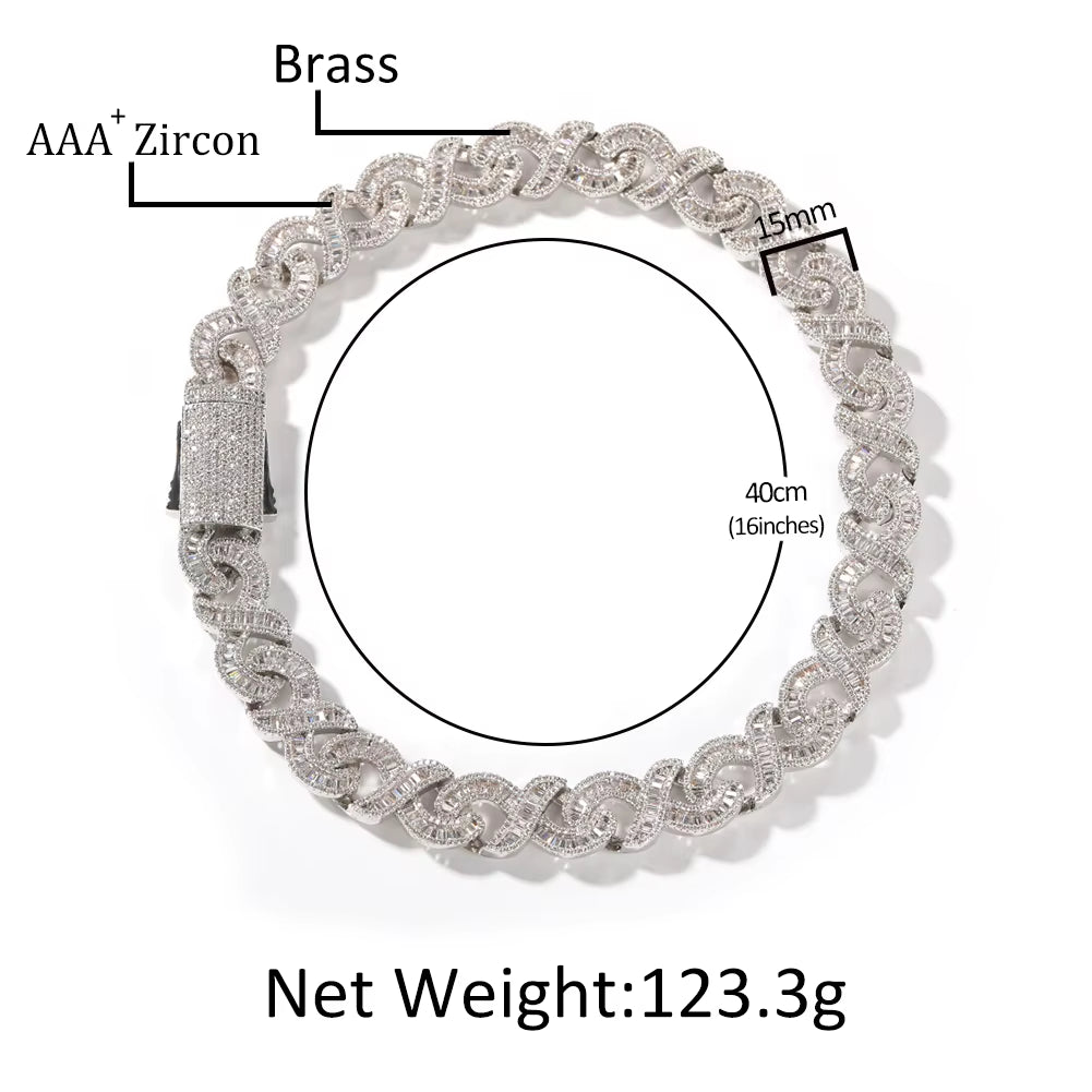 15 MM Iced Out Infinity Necklaces for Men AAA CZ Baguettecz Prong Setting Cuban Link Chain Choker Hip Hop Jewelry for Gift