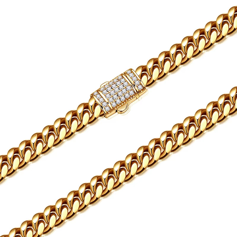 6-14Mm Stainless Steel round Cuban Miami Chains Necklaces CZ Zircon Box Lock Big Heavy Link Chain for Men Hip Hop Rapper Jewelry