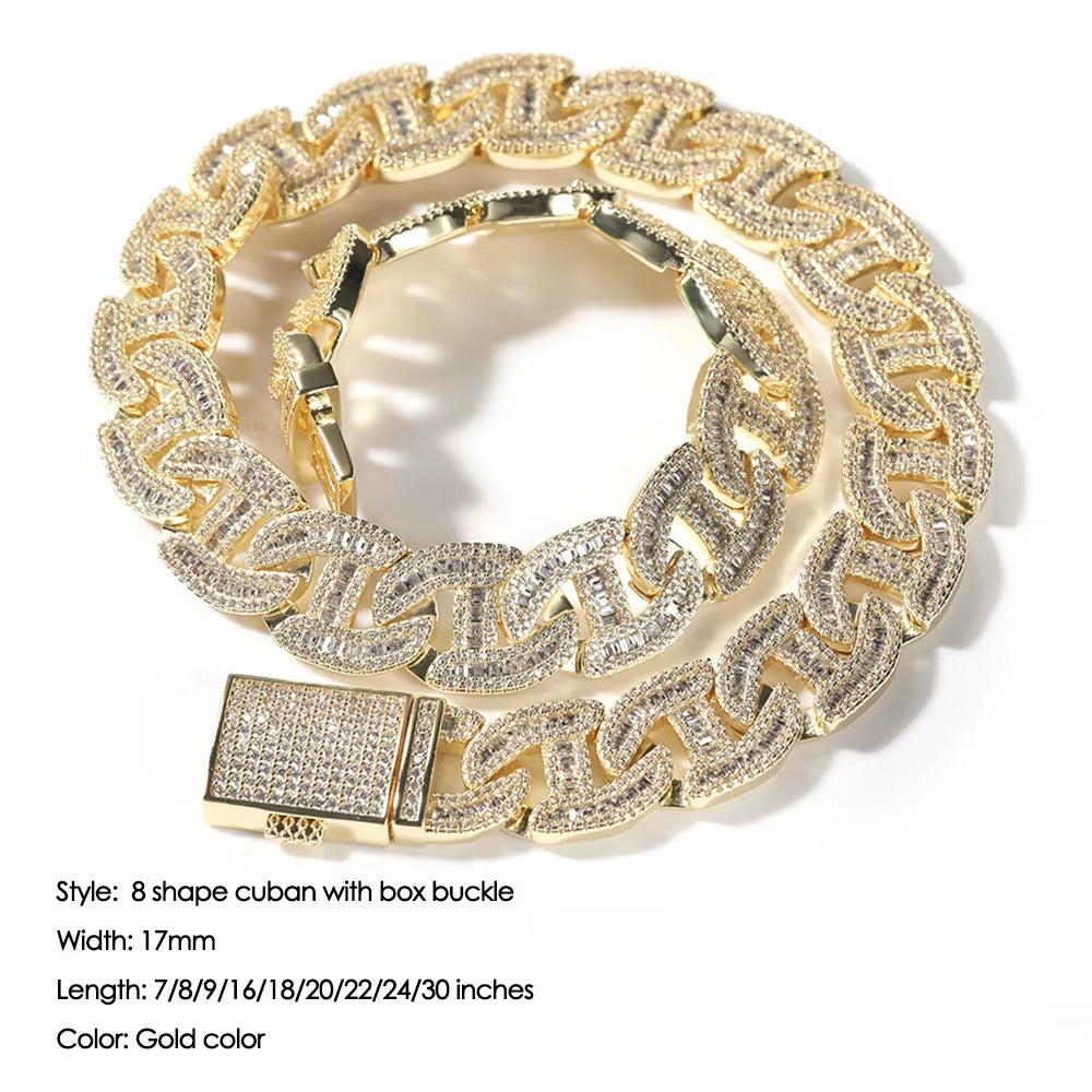 15 MM Iced Out Infinity Necklaces for Men AAA CZ Baguettecz Prong Setting Cuban Link Chain Choker Hip Hop Jewelry for Gift