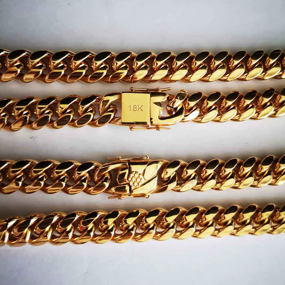 14Mm Stainless Steel Miami Curb Cuban Chain Link Necklace Bracelet Boys Men 18K Gold Plated Hip Hop Dragon Lock Clasp Jewelry