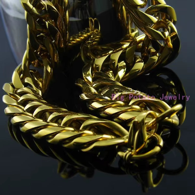 Heavy 16/20Mm Gold Color Cuban Curb Link Chain Stainless Steel Necklace Mens Gift Custom Size 7-40Inch
