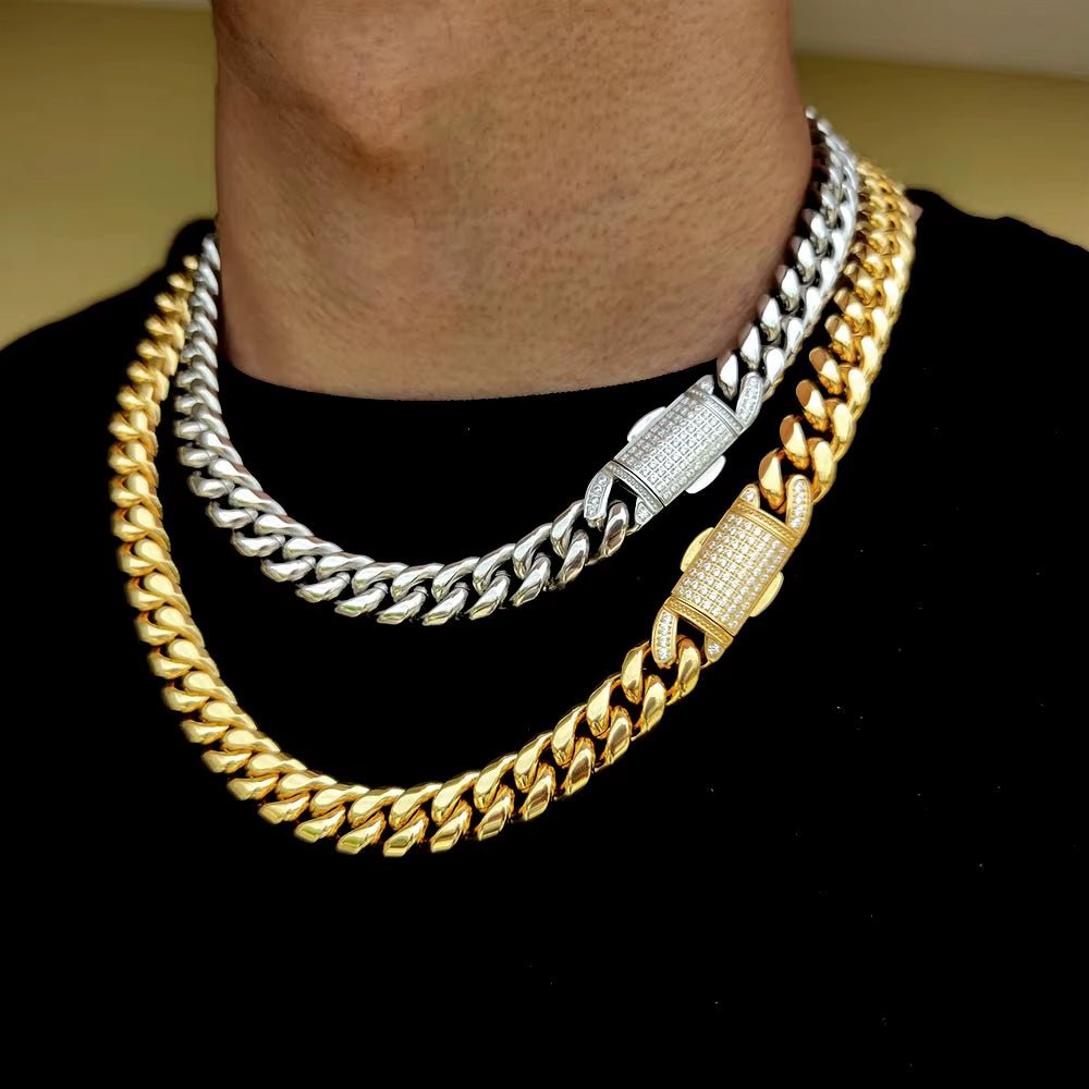 12Mm Hip Hop Stainless Steel Jewelry Homme Cadena Luxury Miami Cuban Link Chain Men Rapper Rock Necklace
