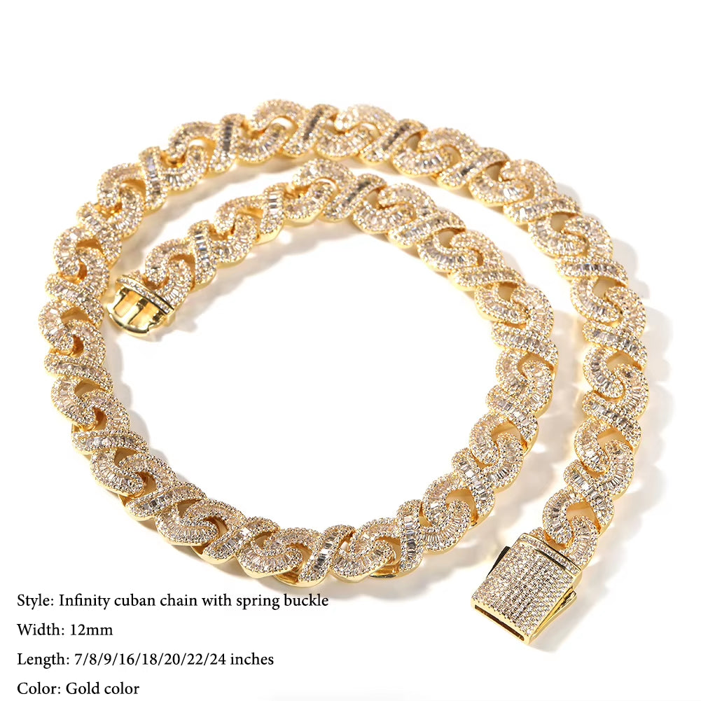 15 MM Iced Out Infinity Necklaces for Men AAA CZ Baguettecz Prong Setting Cuban Link Chain Choker Hip Hop Jewelry for Gift