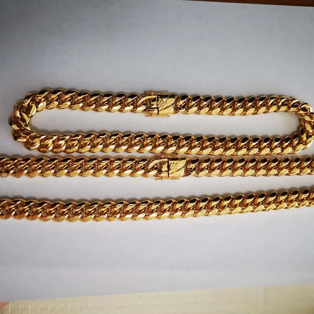 14Mm Stainless Steel Miami Curb Cuban Chain Link Necklace Bracelet Boys Men 18K Gold Plated Hip Hop Dragon Lock Clasp Jewelry