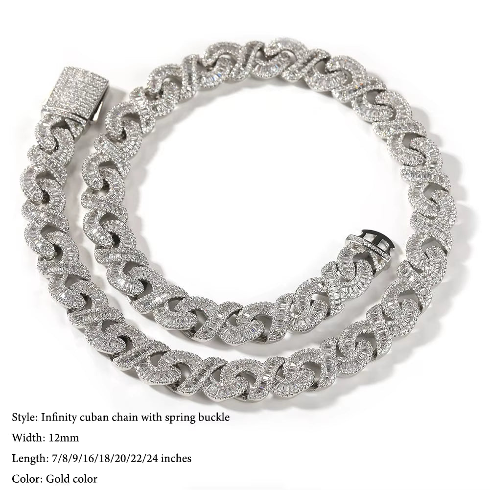 15 MM Iced Out Infinity Necklaces for Men AAA CZ Baguettecz Prong Setting Cuban Link Chain Choker Hip Hop Jewelry for Gift