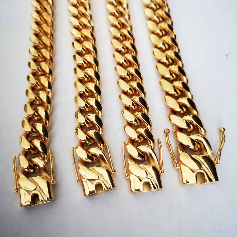 14Mm Stainless Steel Miami Curb Cuban Chain Link Necklace Bracelet Boys Men 18K Gold Plated Hip Hop Dragon Lock Clasp Jewelry