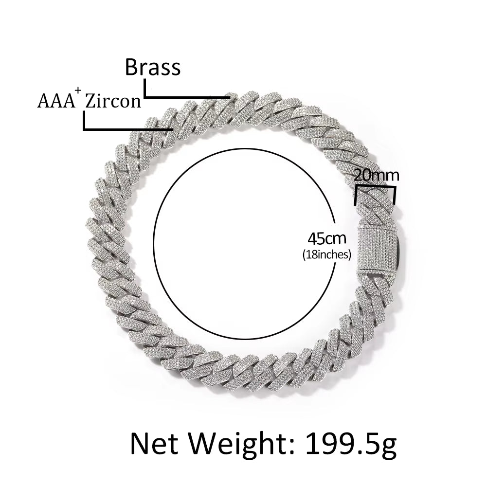 20Mm Big Heavy Cuban Chain Micro Paved 3 Rows Cubic Zirconia Prong Link Choker Necklace Hiphop Punk Jewelry