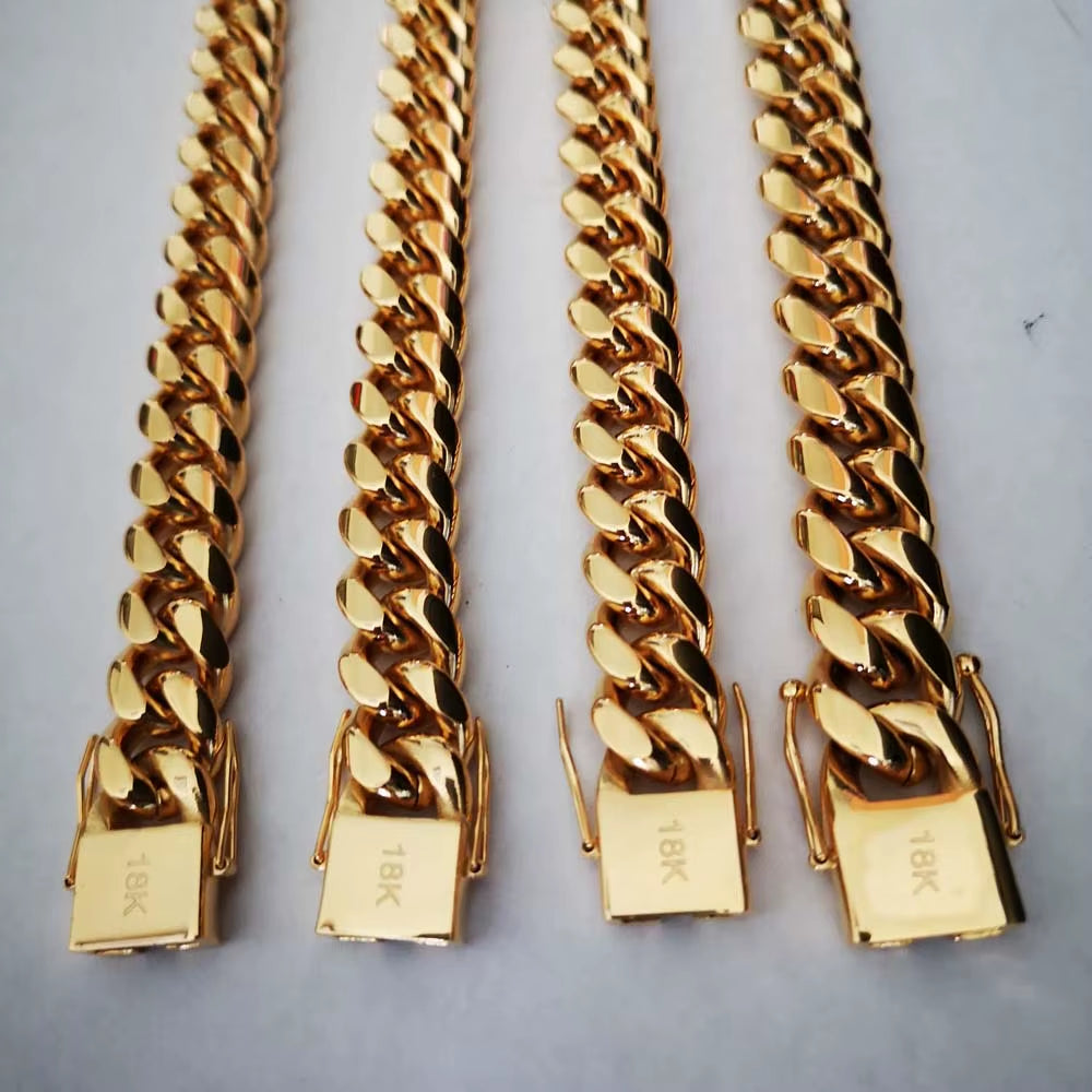 14Mm Stainless Steel Miami Curb Cuban Chain Link Necklace Bracelet Boys Men 18K Gold Plated Hip Hop Dragon Lock Clasp Jewelry