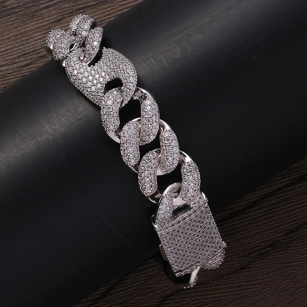 Fashion Bling Bling Brass Hip Hop Iced Out Zircon Cuban Chain Bracelet Men'S Jewelry CZ Cuban Bracelet BB013