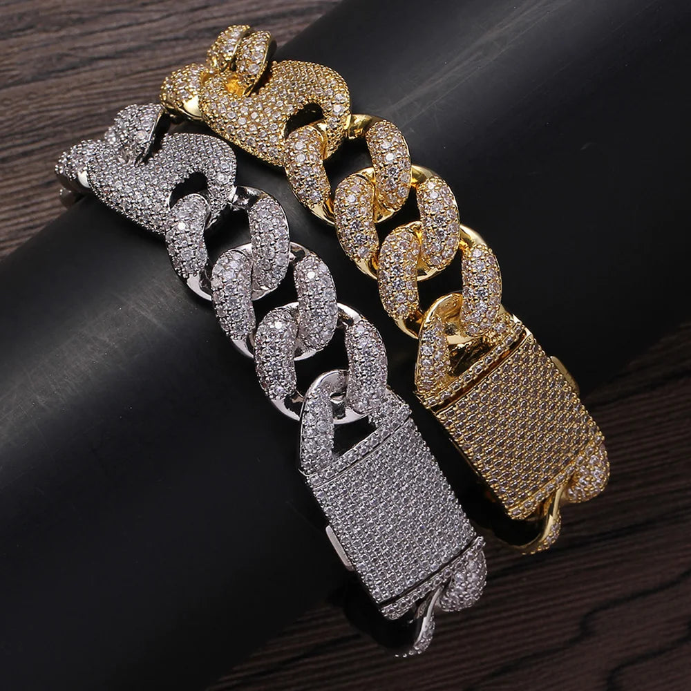 Fashion Bling Bling Brass Hip Hop Iced Out Zircon Cuban Chain Bracelet Men'S Jewelry CZ Cuban Bracelet BB013