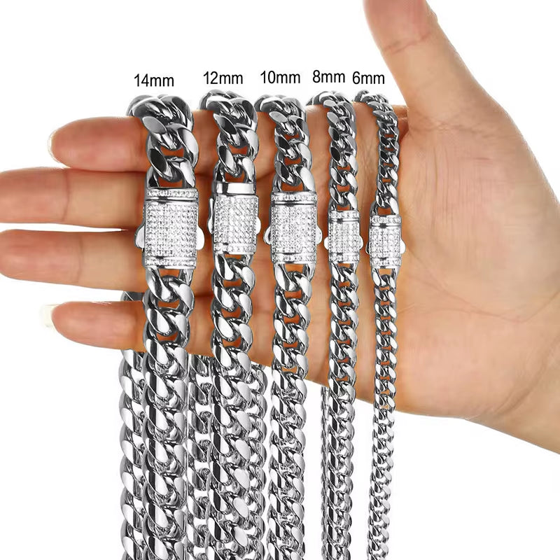 6-14Mm Stainless Steel round Cuban Miami Chains Necklaces CZ Zircon Box Lock Big Heavy Link Chain for Men Hip Hop Rapper Jewelry