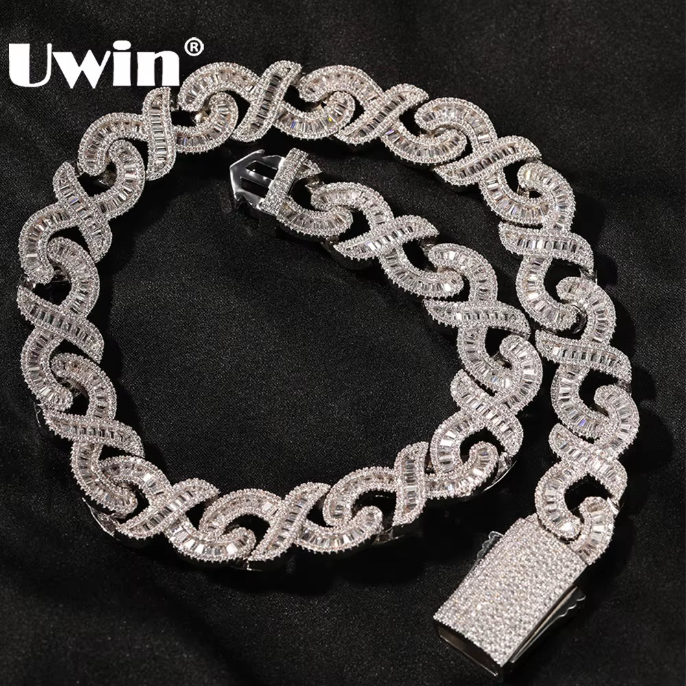 15 MM Iced Out Infinity Necklaces for Men AAA CZ Baguettecz Prong Setting Cuban Link Chain Choker Hip Hop Jewelry for Gift