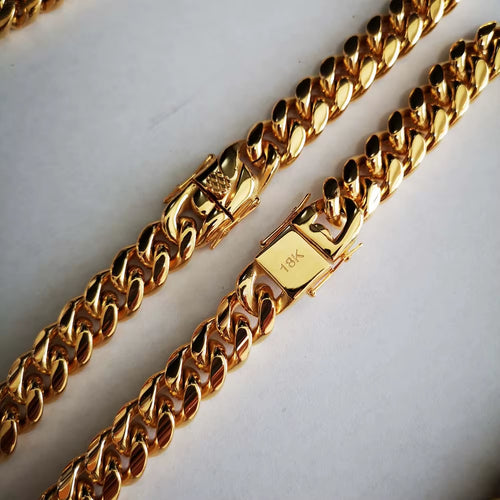 14Mm Stainless Steel Miami Curb Cuban Chain Link Necklace Bracelet Boys Men 18K Gold Plated Hip Hop Dragon Lock Clasp Jewelry