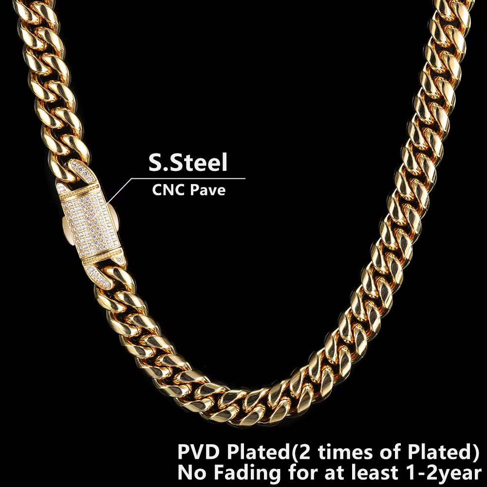 12Mm Hip Hop Stainless Steel Jewelry Homme Cadena Luxury Miami Cuban Link Chain Men Rapper Rock Necklace