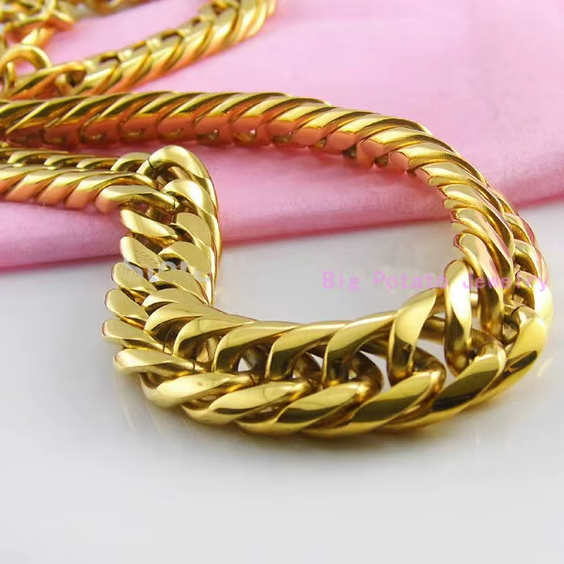 Heavy 16/20Mm Gold Color Cuban Curb Link Chain Stainless Steel Necklace Mens Gift Custom Size 7-40Inch